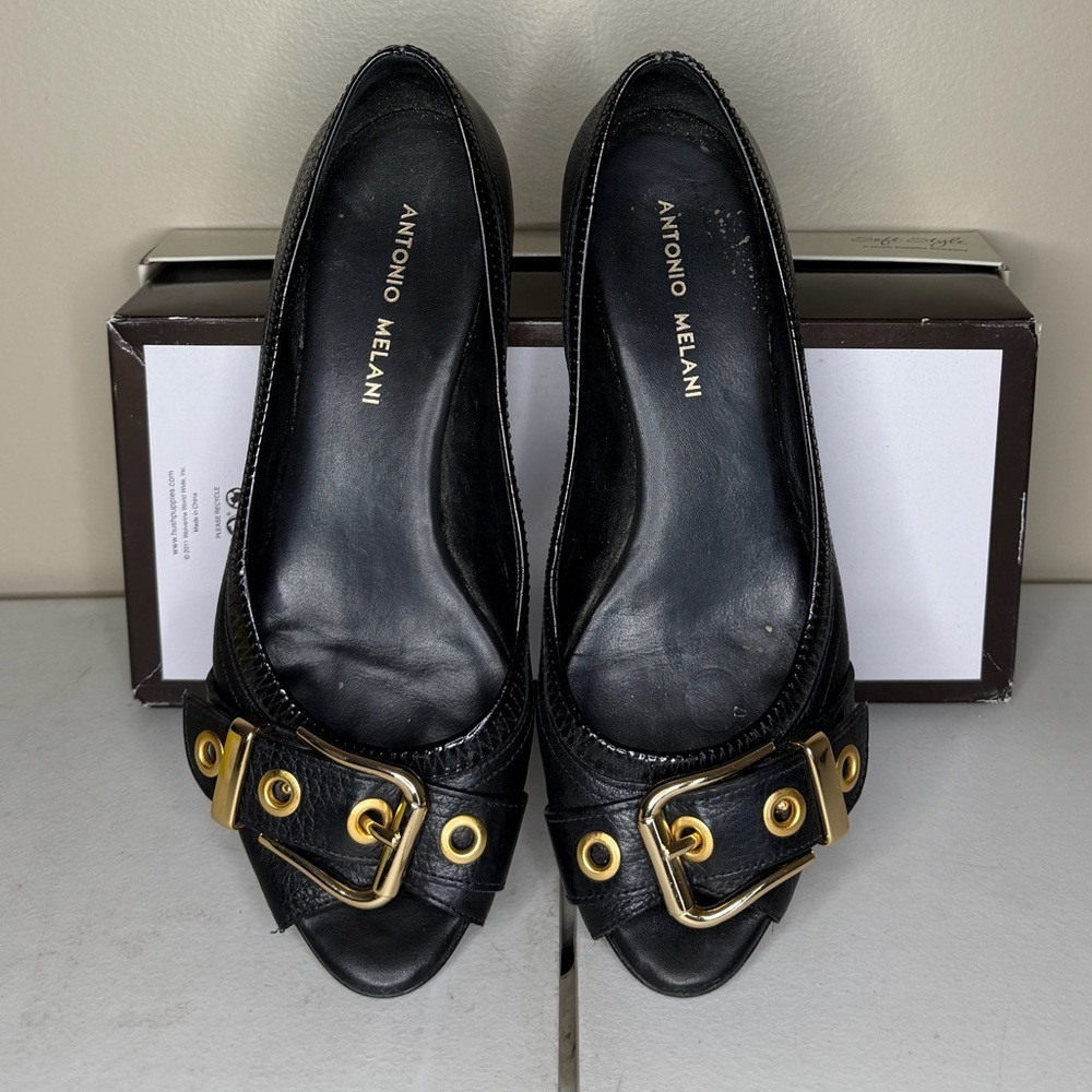 ANTONIO MELANI Black Flats with Gold Buckle - Picture 3 of 5
